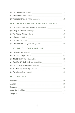 Contents page 3 of Tummy Tuck Transformations: the 50 Tummy Tuck (Abdominoplasty) stories in this volume