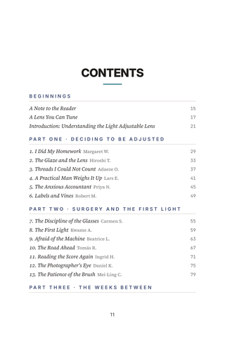 Contents page 1 of Tuned to See: the 50 Light Adjustable Lens stories in this volume