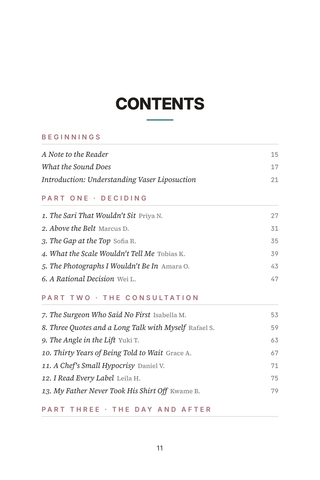 Contents page 1 of Ultrasound Sculpting: the 50 Vaser Liposuction stories in this volume