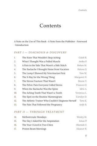Contents page 1 of Unbreakable: the 50 Bone Cancer stories in this volume