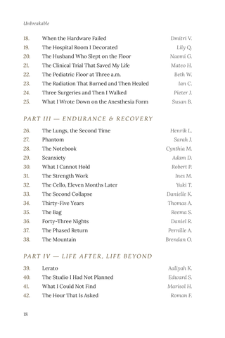 Contents page 2 of Unbreakable: the 50 Bone Cancer stories in this volume