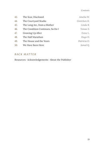 Contents page 3 of Unbreakable: the 50 Bone Cancer stories in this volume
