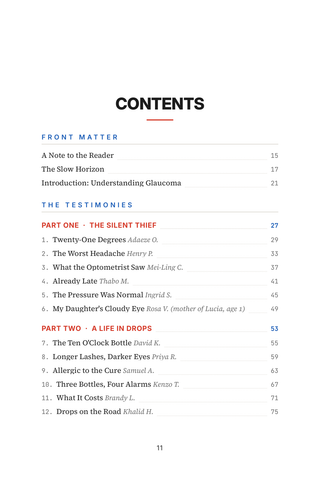 Contents page 1 of Under Pressure: the 50 Glaucoma stories in this volume
