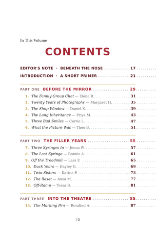 Contents page 1 of Upper Lip, Lifted Spirits: the 50 Lip Lift stories in this volume