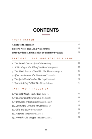 Contents page 1 of Vessel Voices: the 50 Vasculitis stories in this volume