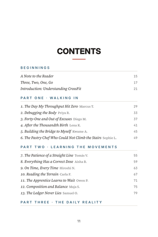 Contents page 1 of WOD Warriors: the 50 CrossFit Transformations stories in this volume