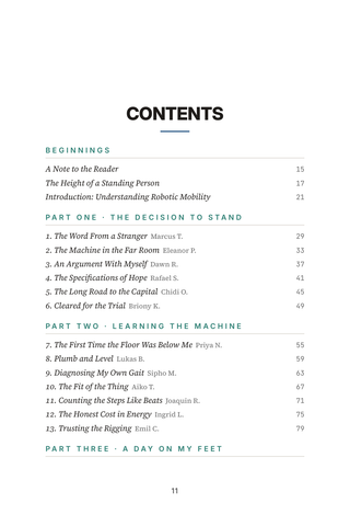 Contents page 1 of Walk Again: the 50 Exoskeleton / Robotic Mobility stories in this volume