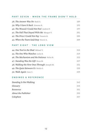Contents page 3 of Walk Again: the 50 Exoskeleton / Robotic Mobility stories in this volume