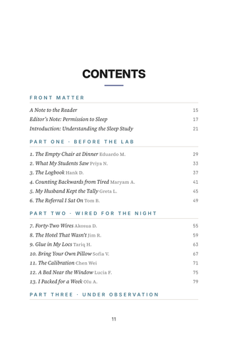 Contents page 1 of Watched While Sleeping: the 50 Sleep Study Experience stories in this volume