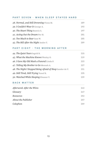 Contents page 3 of Watched While Sleeping: the 50 Sleep Study Experience stories in this volume