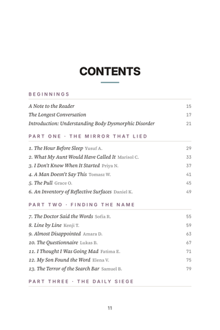 Contents page 1 of When the Mirror Lies: the 50 Body Dysmorphic Disorder stories in this volume