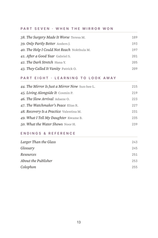 Contents page 3 of When the Mirror Lies: the 50 Body Dysmorphic Disorder stories in this volume