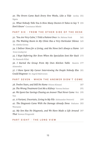 Contents page 3 of Years to an Answer: the 50 Undiagnosed Disease stories in this volume