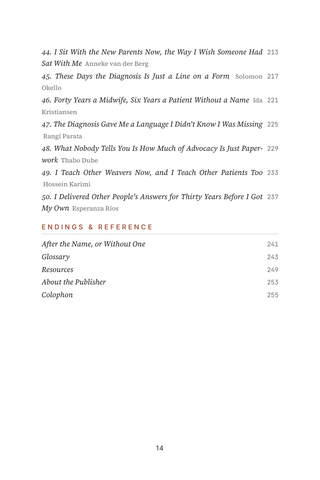 Contents page 4 of Years to an Answer: the 50 Undiagnosed Disease stories in this volume
