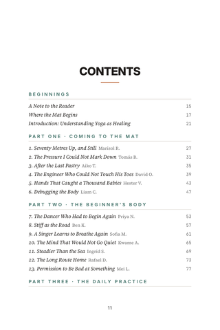 Contents page 1 of Yoga Healed Me: the 50 Yoga Healing stories in this volume