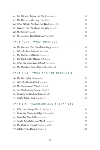Contents page 2 of Yoga Healed Me: the 50 Yoga Healing stories in this volume